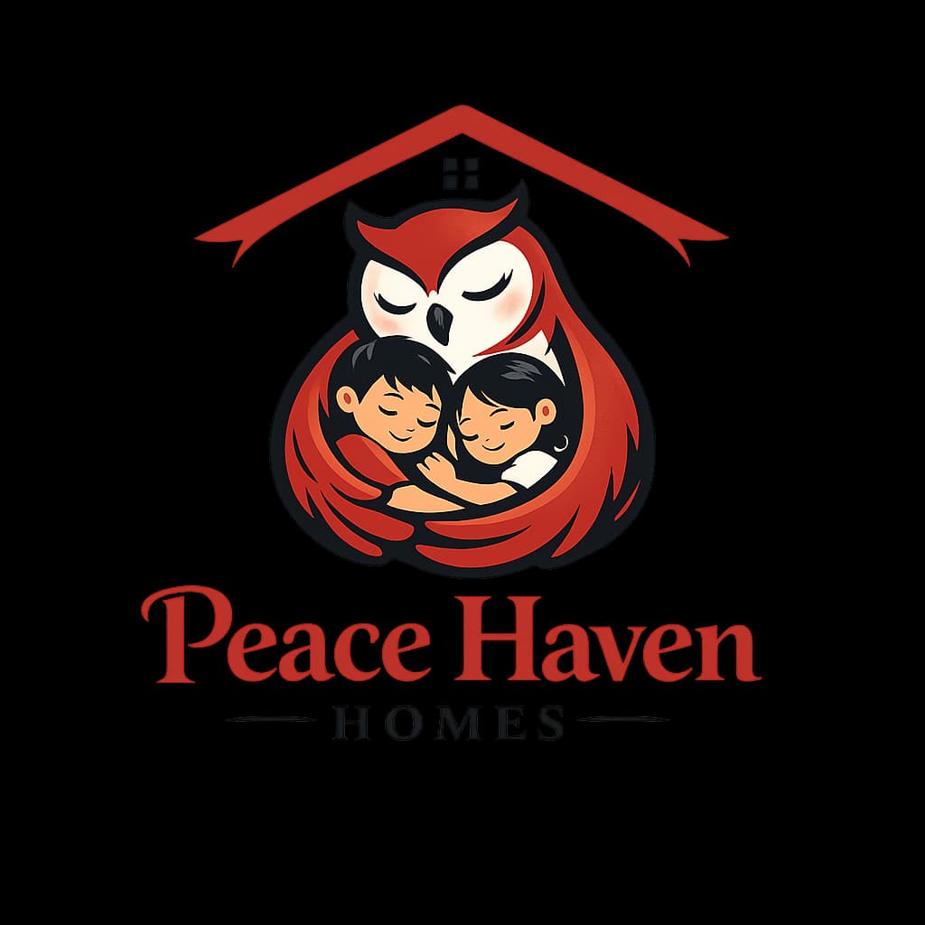 Peace Haven Homes logo with owl and children, sheltering icon, serif text, warm tones