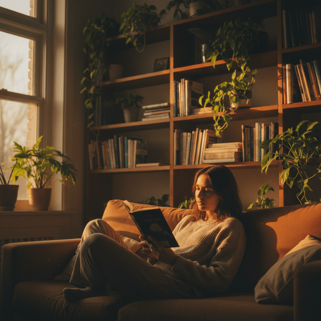 Young woman reading on a couch in a community room