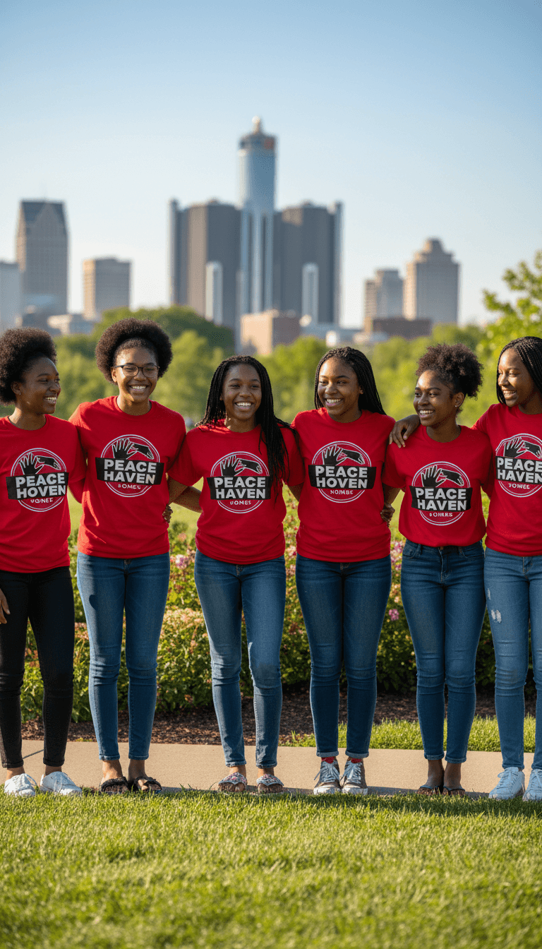 Group of African American teen girls in Peace Haven Homes t-shirts smiling outdoors