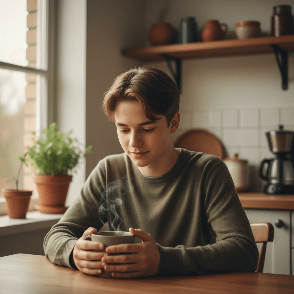 Teen holding a warm mug at a kitchen table